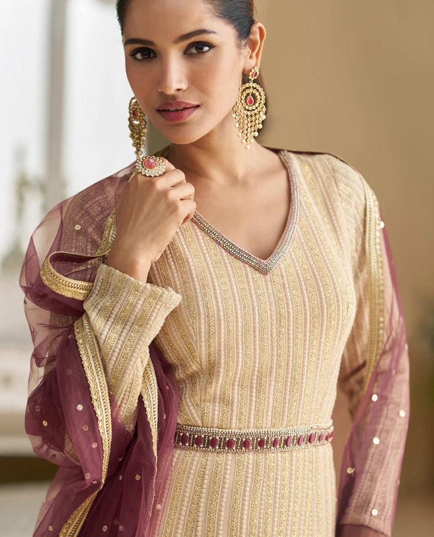 PURPLE - Cream Chikankari Embroidered Wedding Festive Anarkali Gown